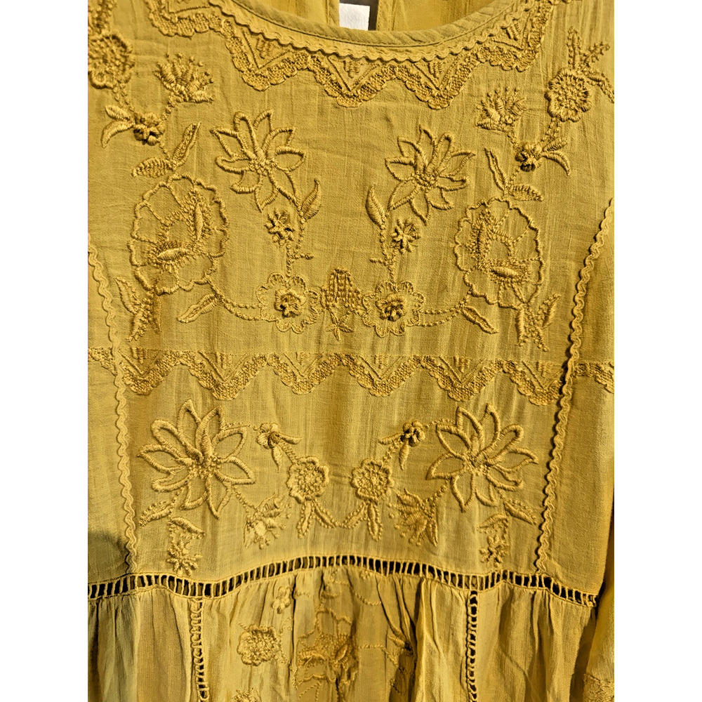 Anthropologie Womens Mini Dress Mustard Yellow Embroidered Boho Coquette Sz-XL - Picture 10 of 11